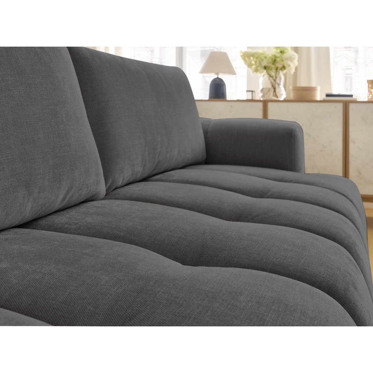 Canapé droit convertible 3 places en tissu lisse, FUJI gris foncé, BOBOCHIC