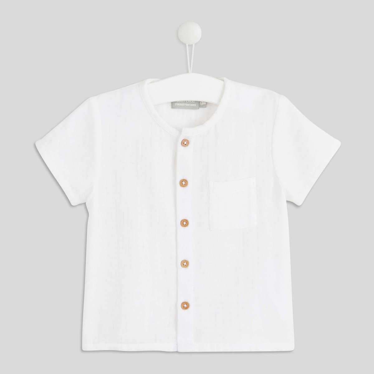 Chemise manches courtes col mao uni en coton BIO blanc, BOUT'CHOU