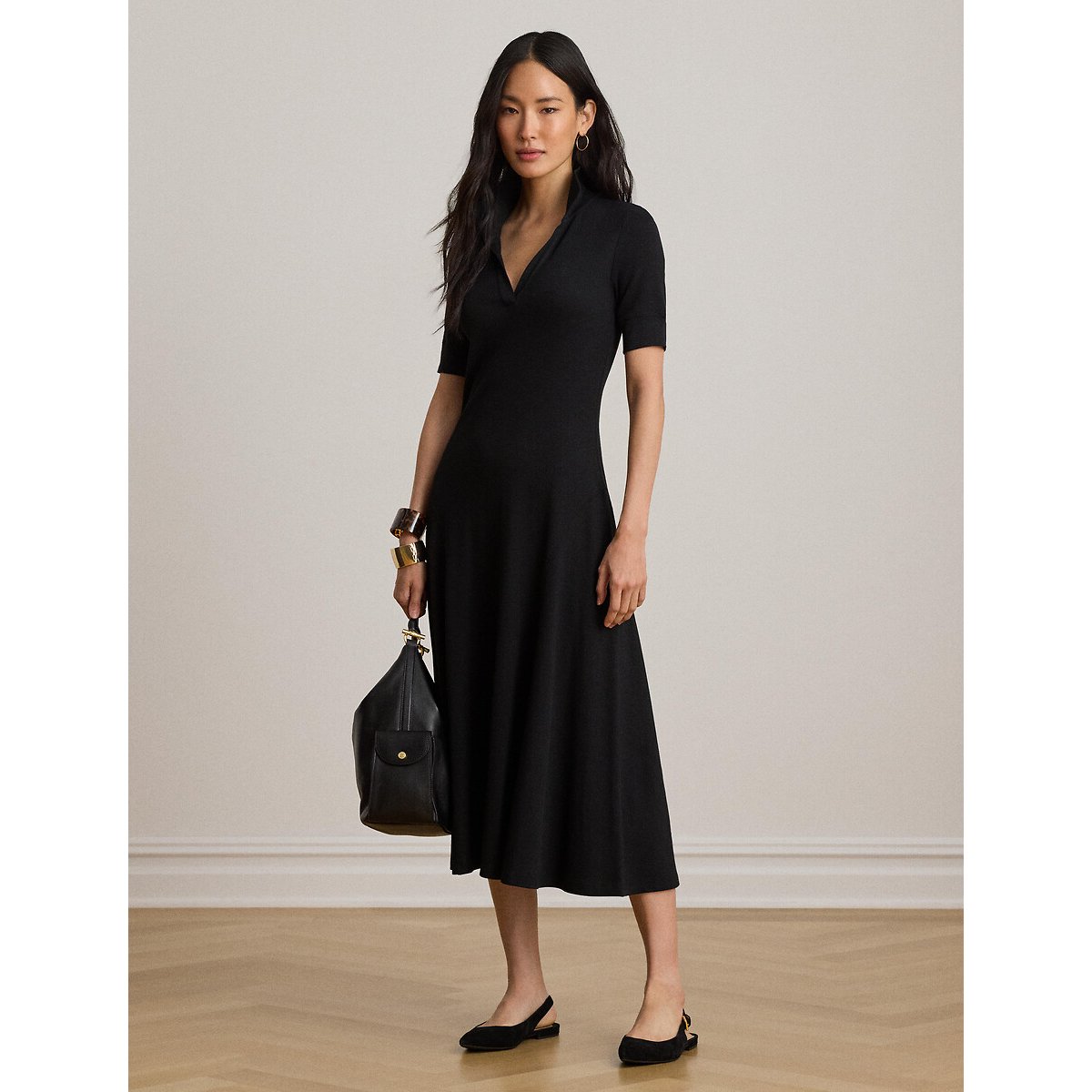 Abito longuette a maniche corte con collo a polo nero , LAUREN RALPH LAUREN