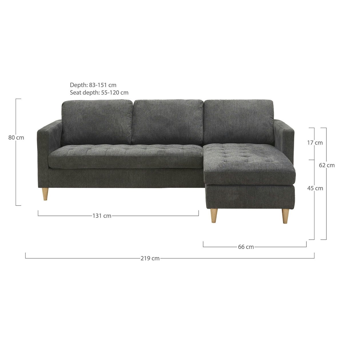 Canapé 3 places gris foncé avec méridienne BERLIN gris, PIER IMPORT