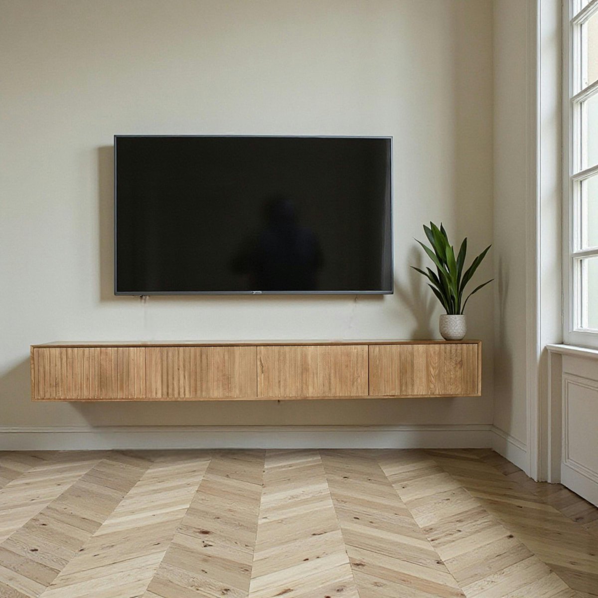 Meuble TV suspendu 240 cm 4 portes CORTINA bois, PIER IMPORT