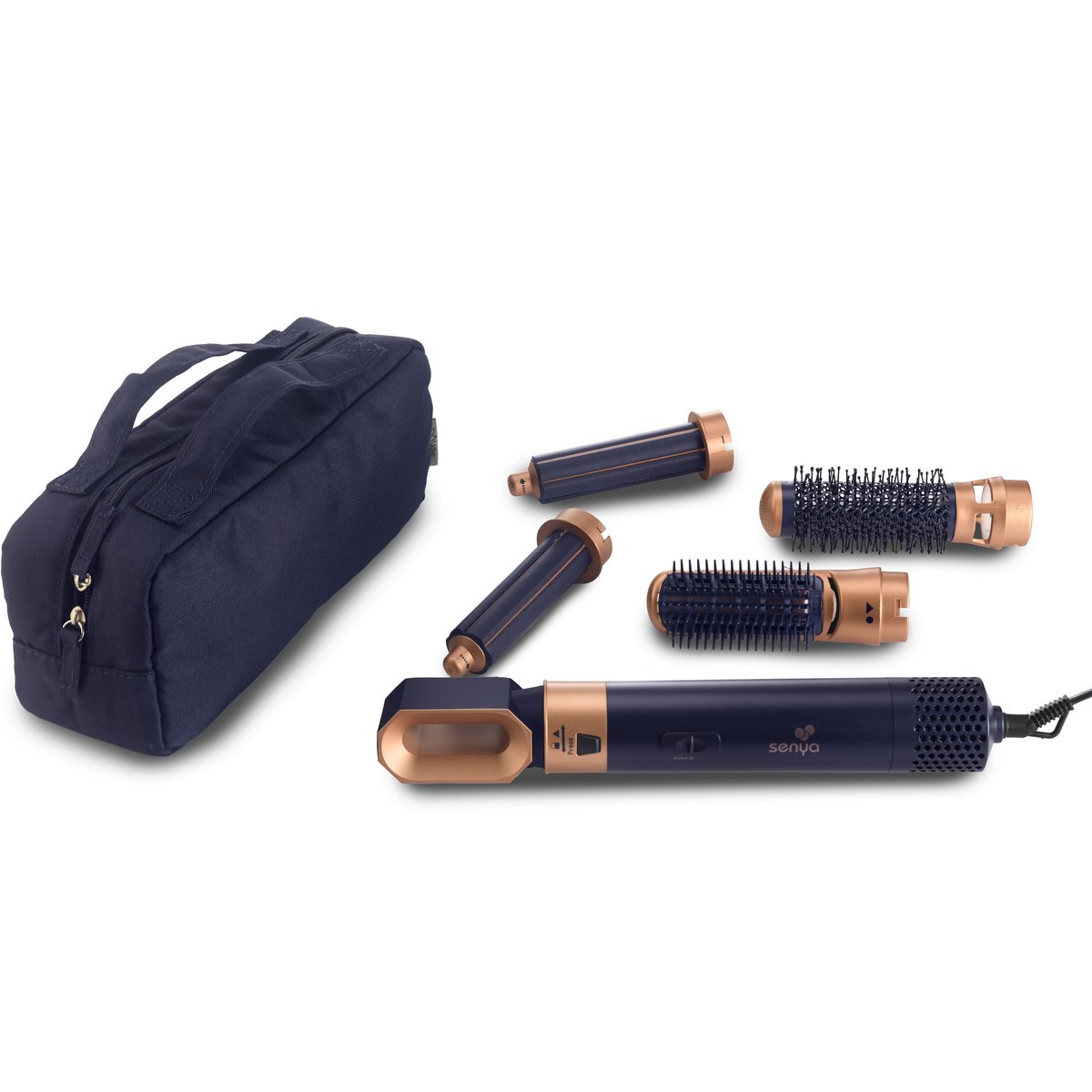 Brosse Soufflante 5 en 1 Air Styler & Sèche-cheveux : lissage, séchage, boucle, brushing - 1000W Hair Designer bleu marine, SENYA
