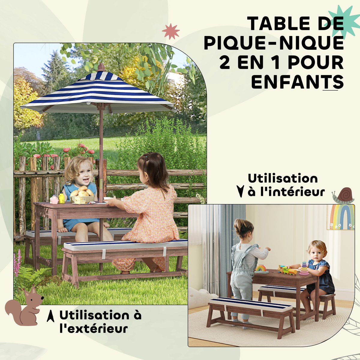 Ensemble de table et chaises de jardin pour marron, bleu et blanc, AIYAPLAY
