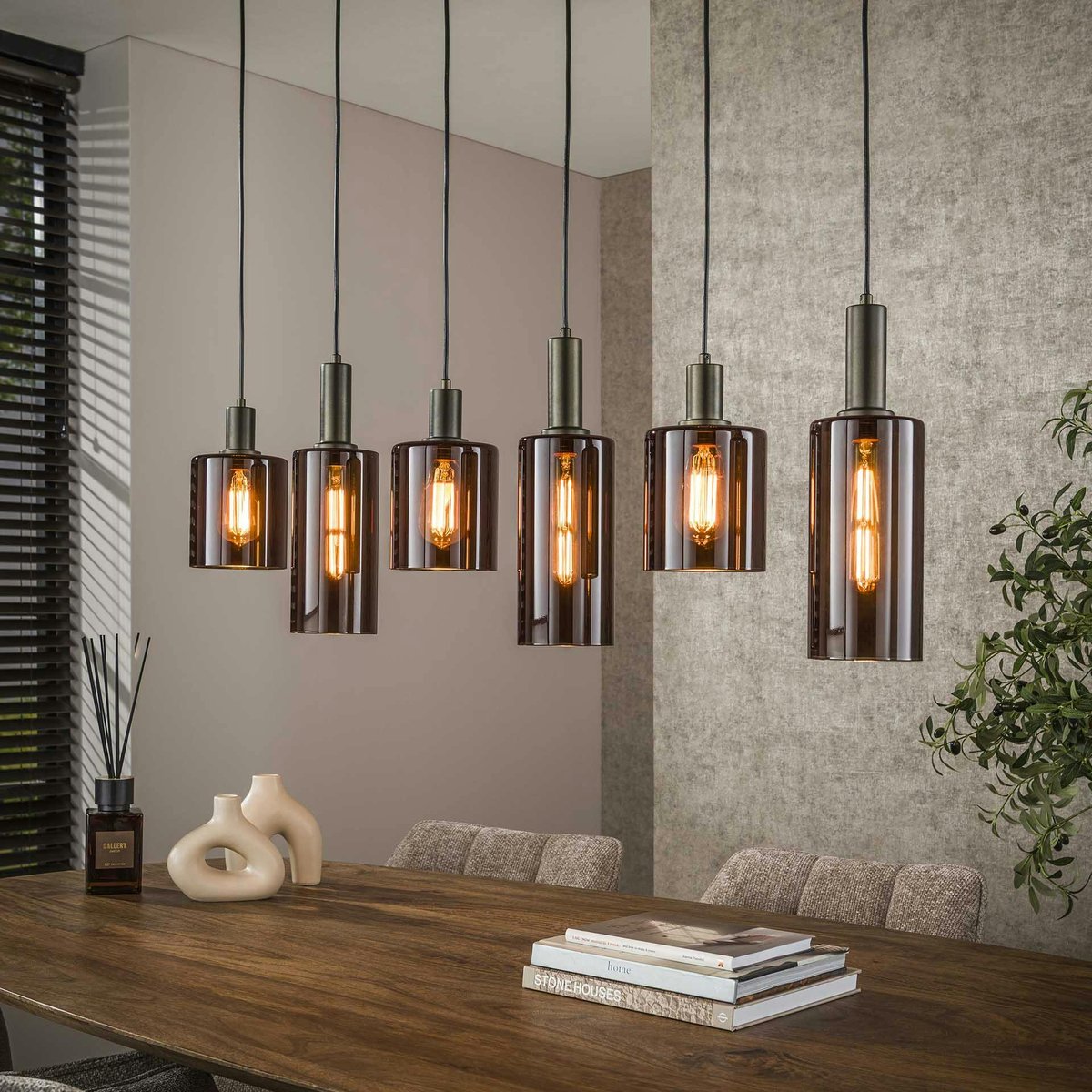 Suspension vintage en verre – 6 abat–jour bruns NOVA marron, PIER IMPORT