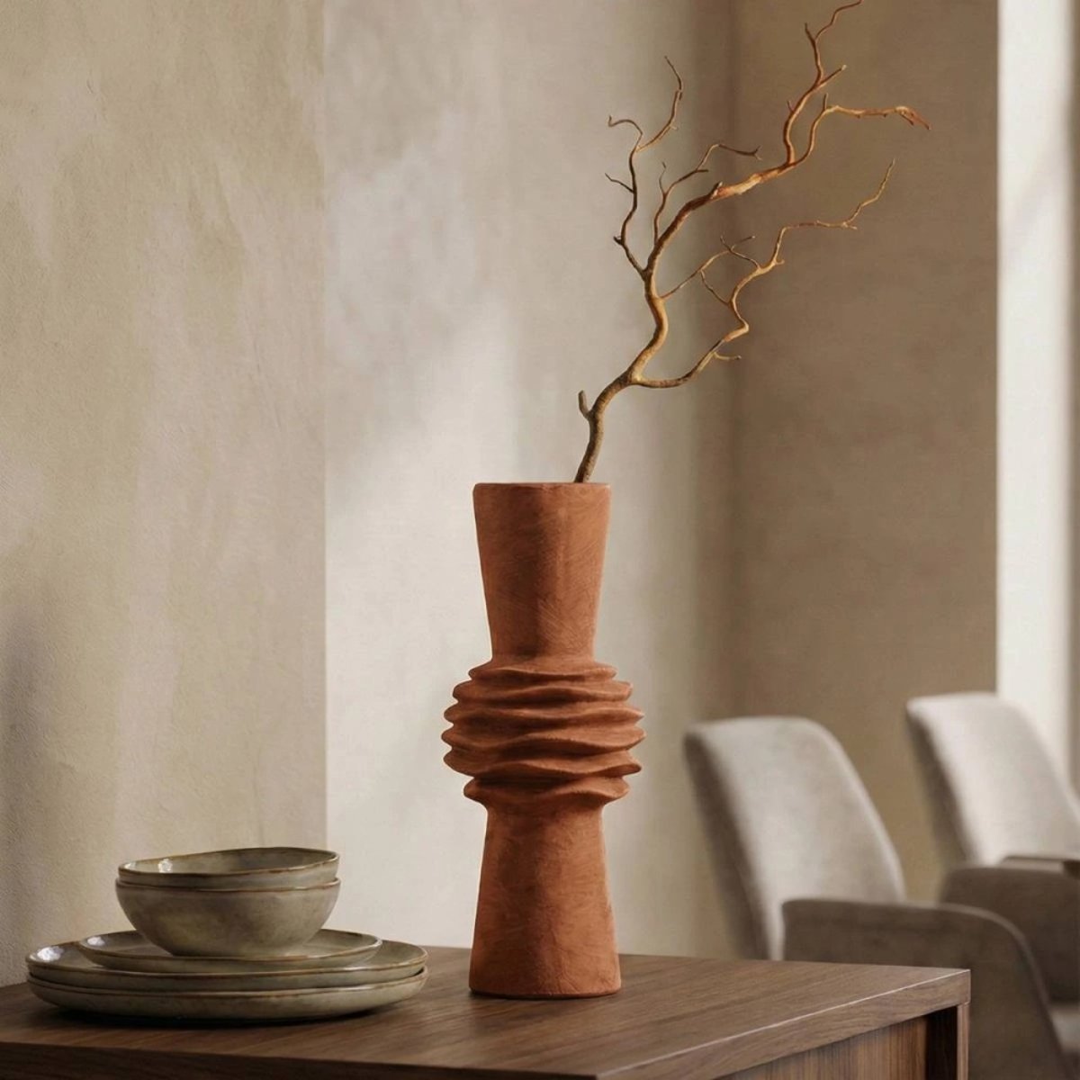 Vase en grès effet pierre, H47cm terracotta, ORNAMI