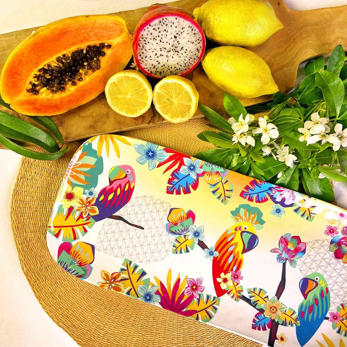 Plat à cake mélamine Perroquets de Bahia 37,5 cm autres, LES JARDINS DE LA COMTESSE