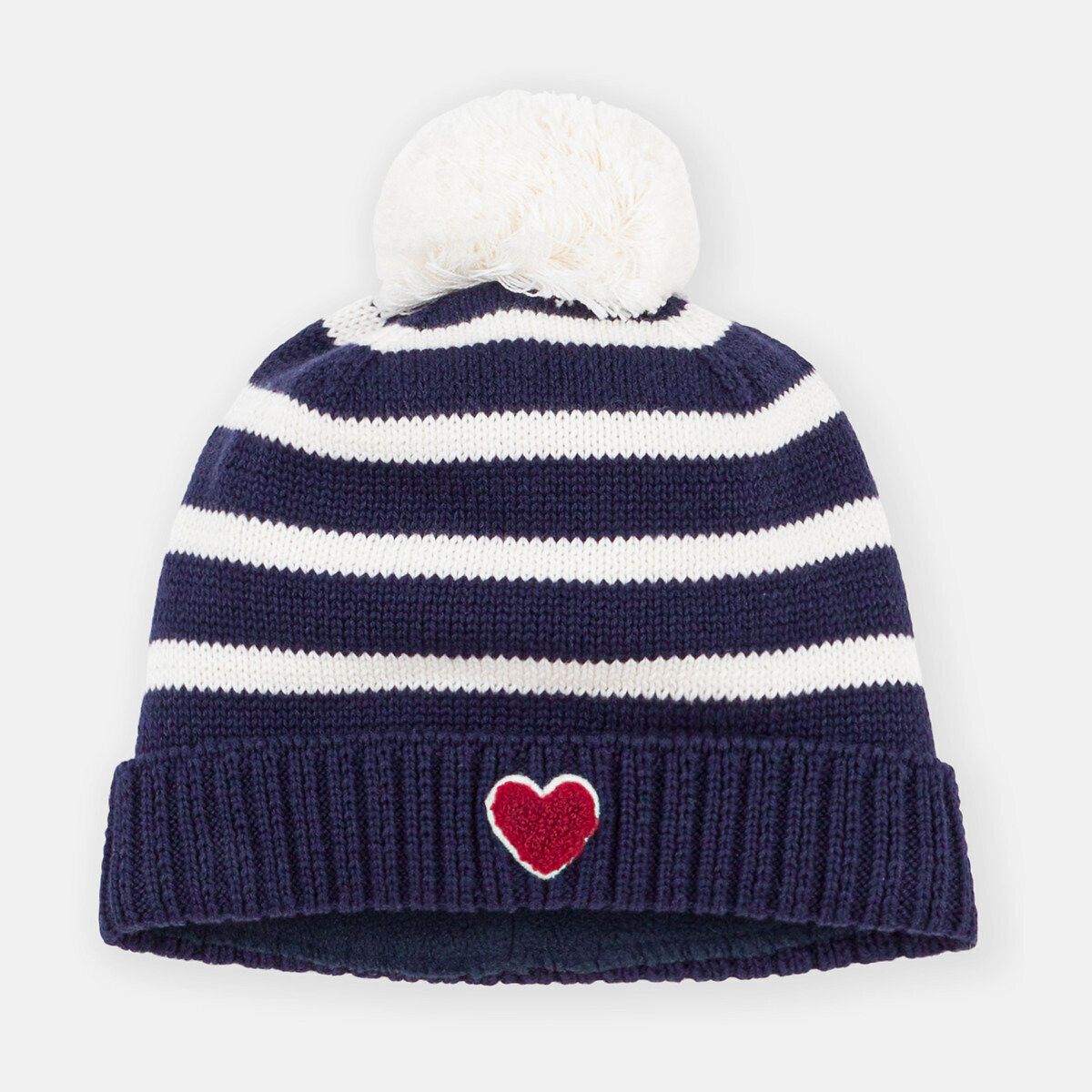 Bonnet rayé en tricot, doublé polaire bleu marine rayé, PETIT BATEAU