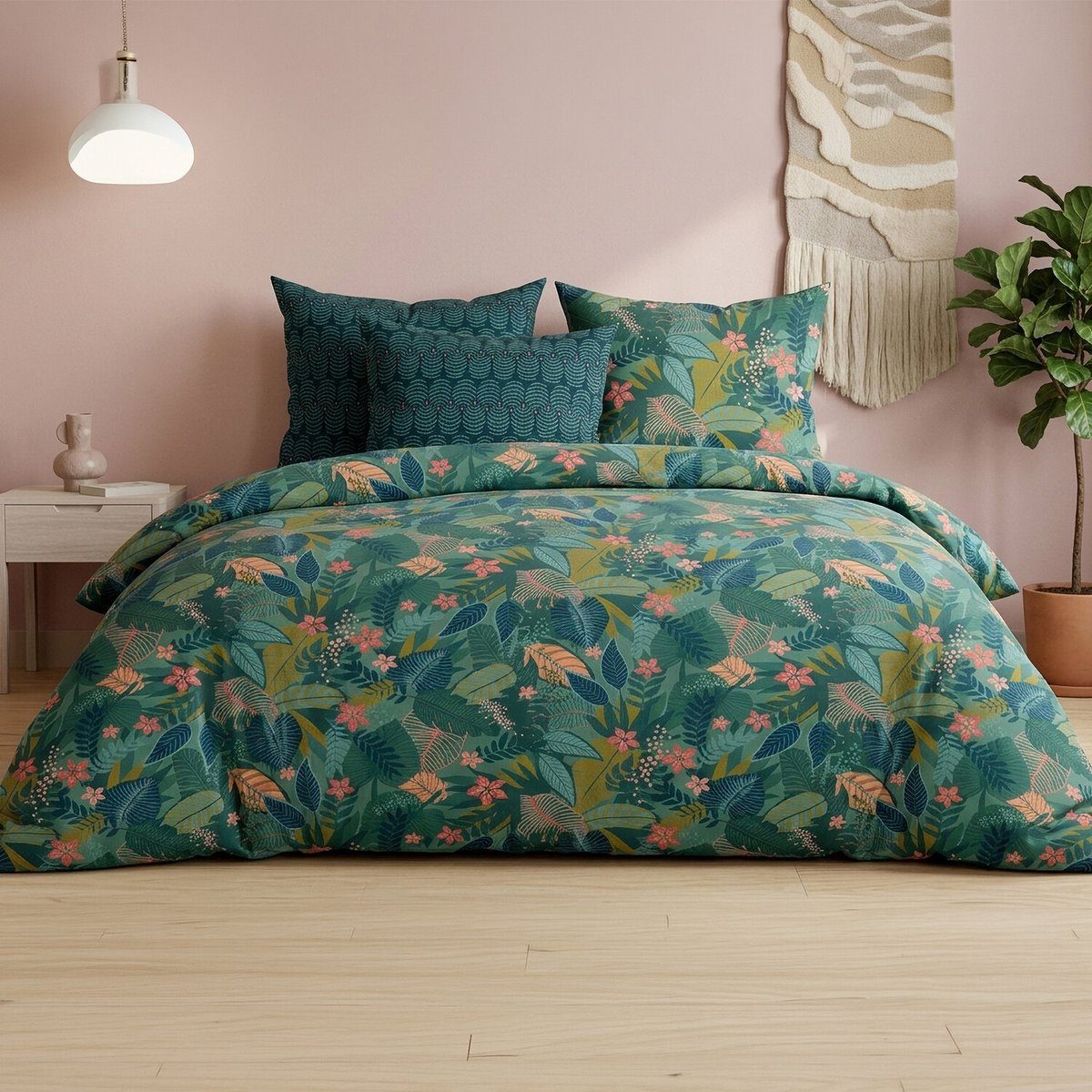 Parure de lit en percale de coton feuillages, ZELYA multicolore, ATELIER DU COTON