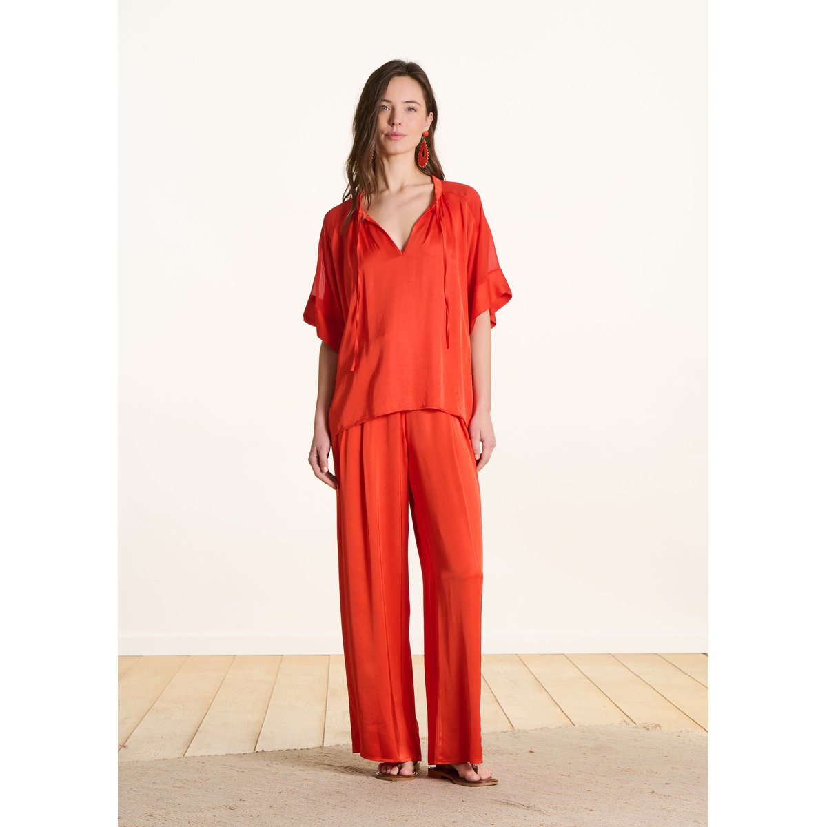 Blouse ample en satin encolure tunisienne jaspe, LA FEE MARABOUTEE