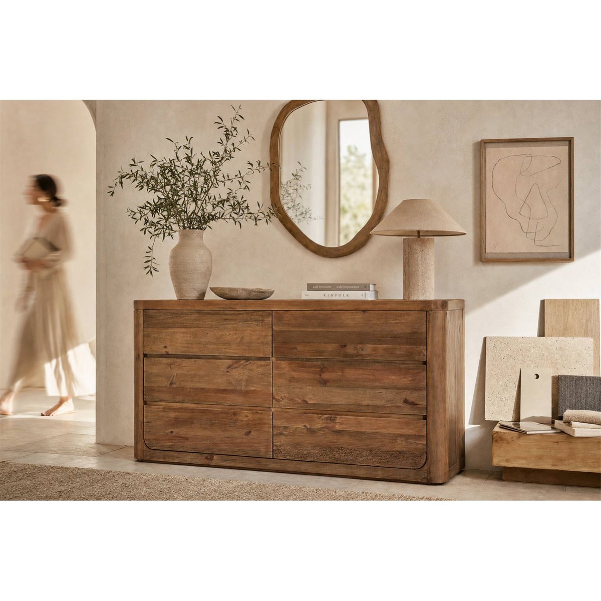 Console de rangement en pin, 6 Tiroirs naturel vieilli, RECOLLECTION