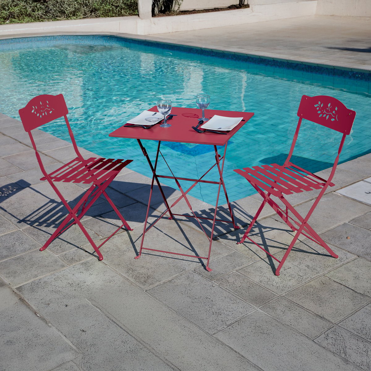 Table carrée de jardin pliante en acier rouge, IMAGIN