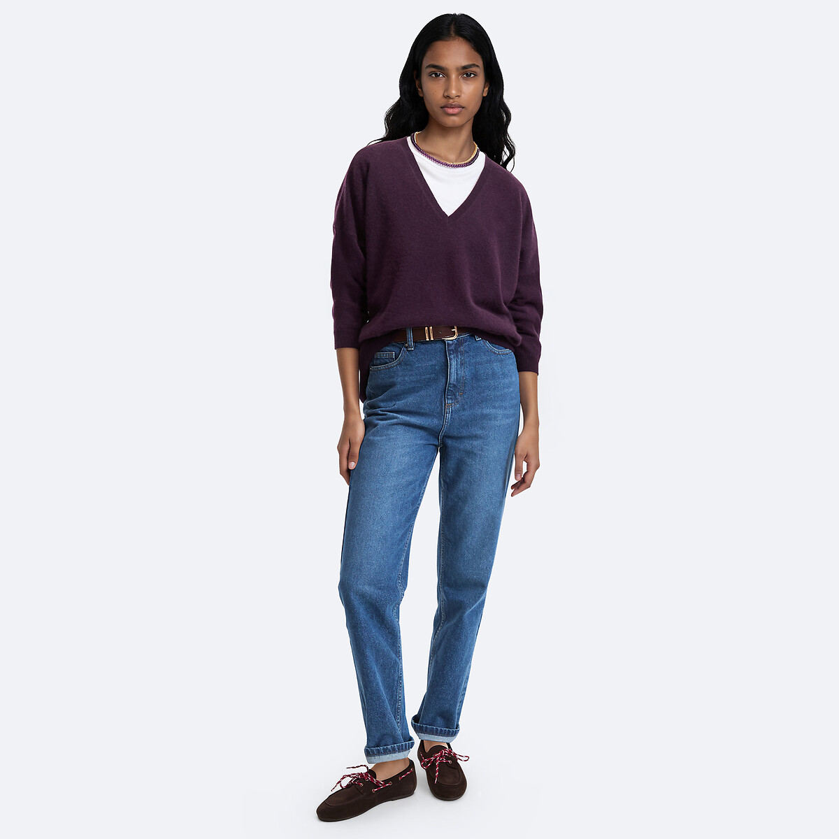 Pull col V en cachemire, oversize violet foncé, LA REDOUTE COLLECTIONS