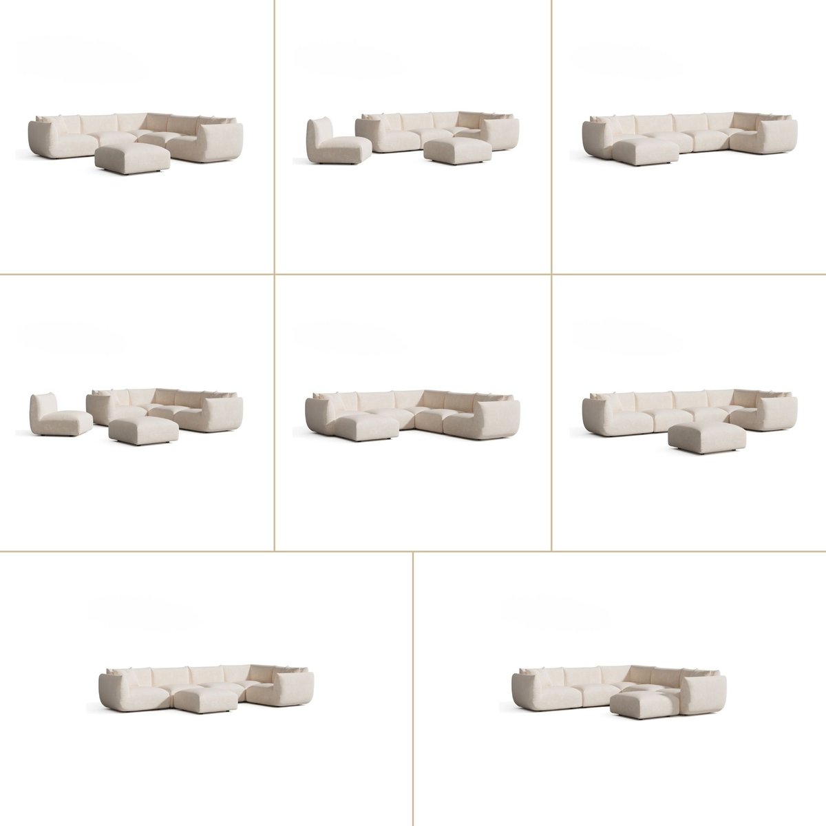 Canapé d'angle panoramique modulable 8 places en velours chenillé NOOMA crème, SIA HOME