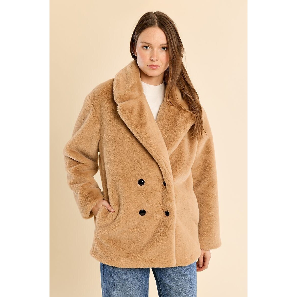 Manteau en tissu duveteux, col tailleur beige, MOLLY BRACKEN