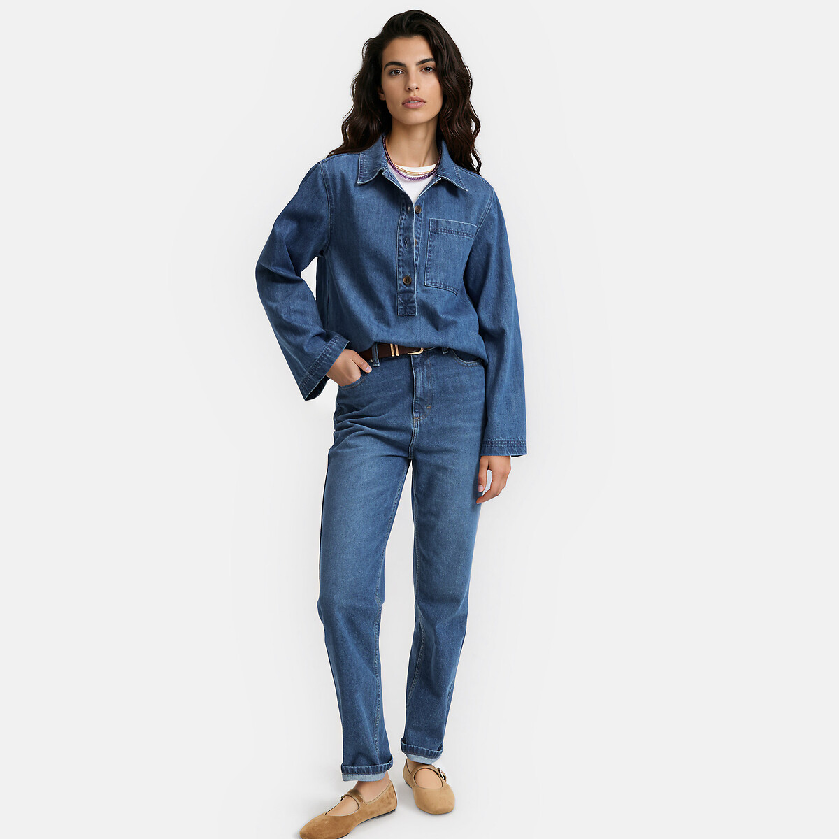 Chemise esprit vareuse en jean bleu stone, LA REDOUTE COLLECTIONS