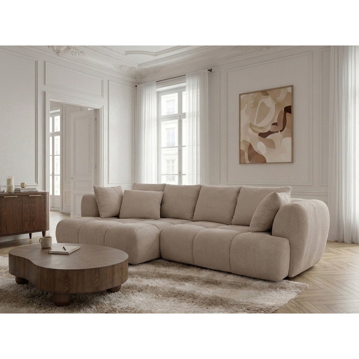 Canapé d'angle convertible 3 places en tissu bouclette, AUDE beige, BOBOCHIC