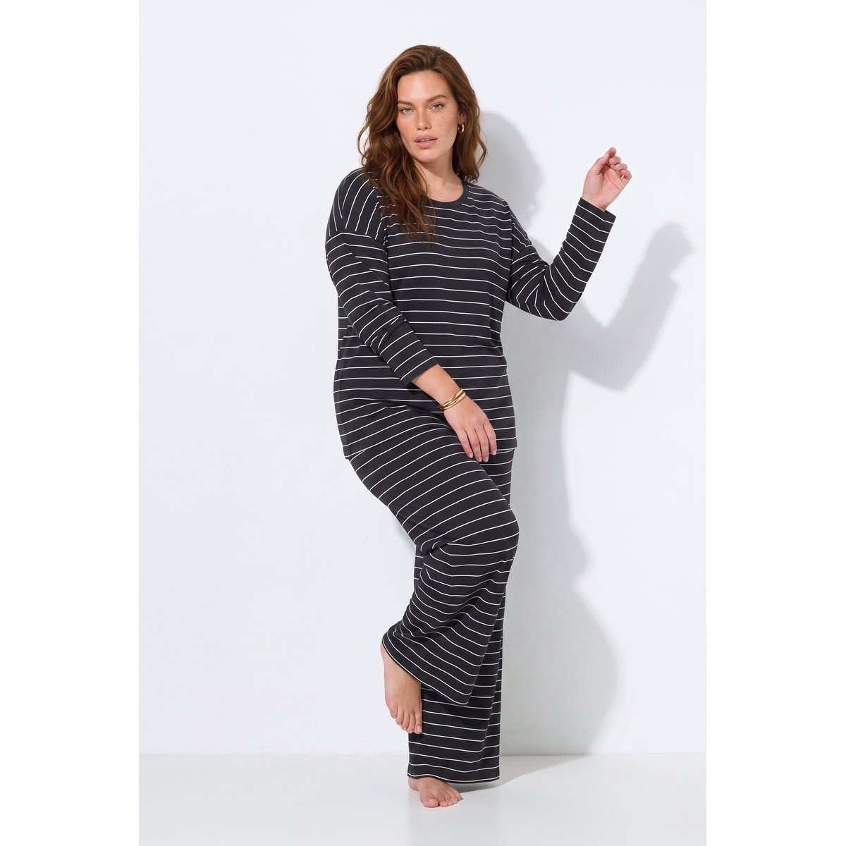 T-shirt en coton bio rayé noir, ULLA POPKEN