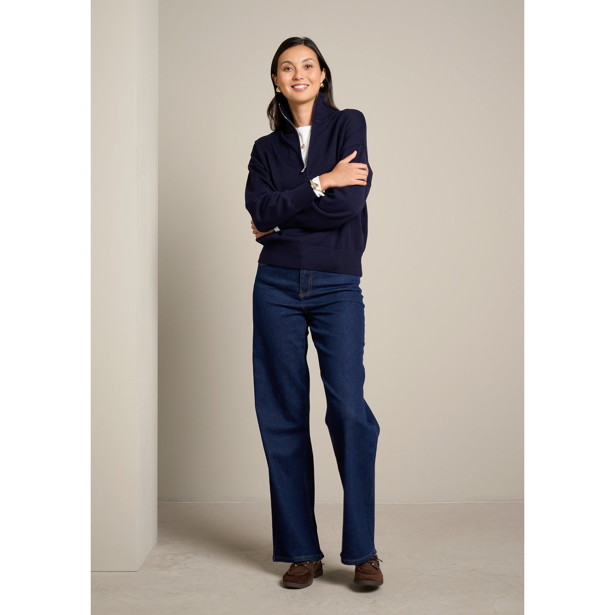 Pull col montant zippé bleu marine, LOLALIZA