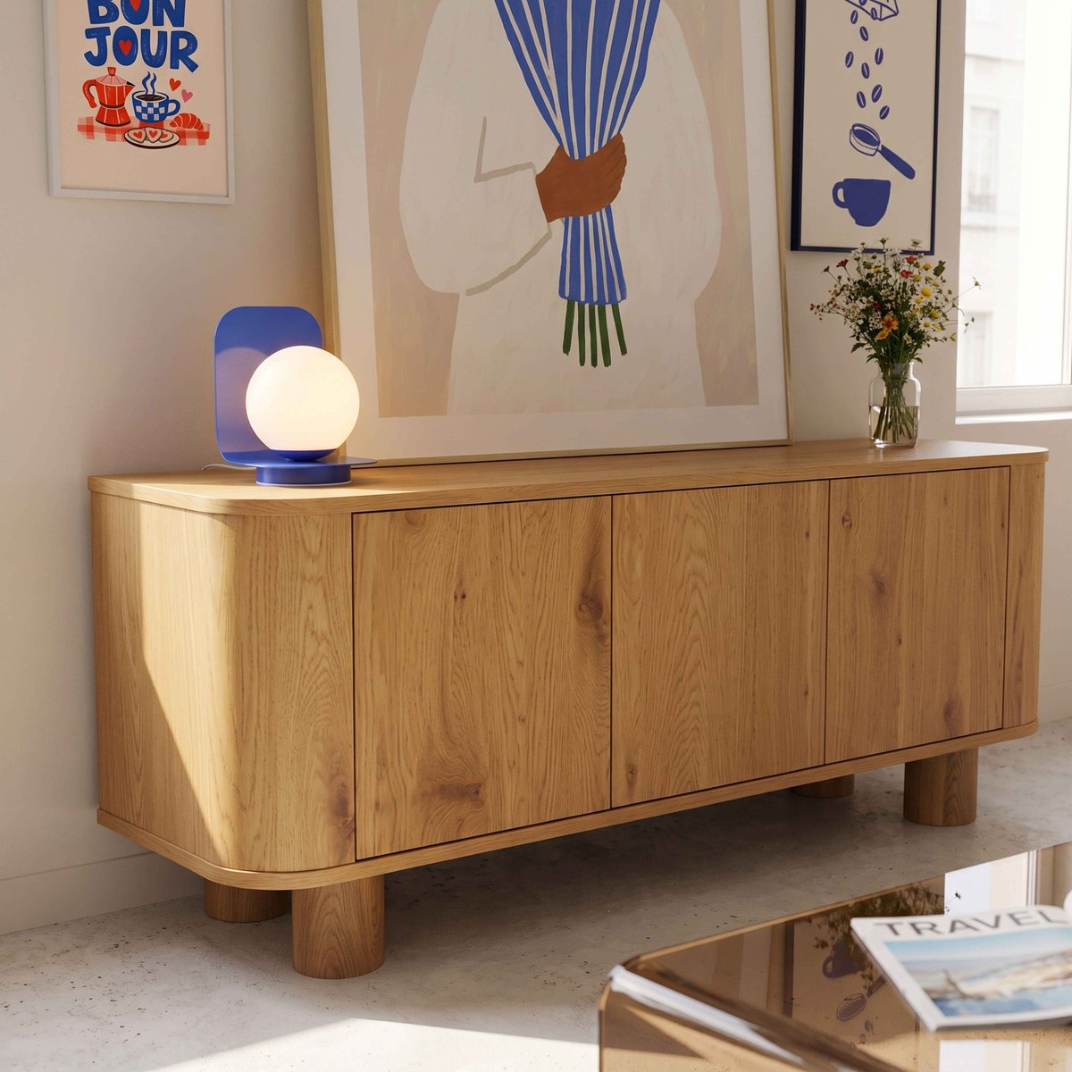 Meuble TV effet bois 120 cm style scandinave, DARIO bois clair, OVIALA