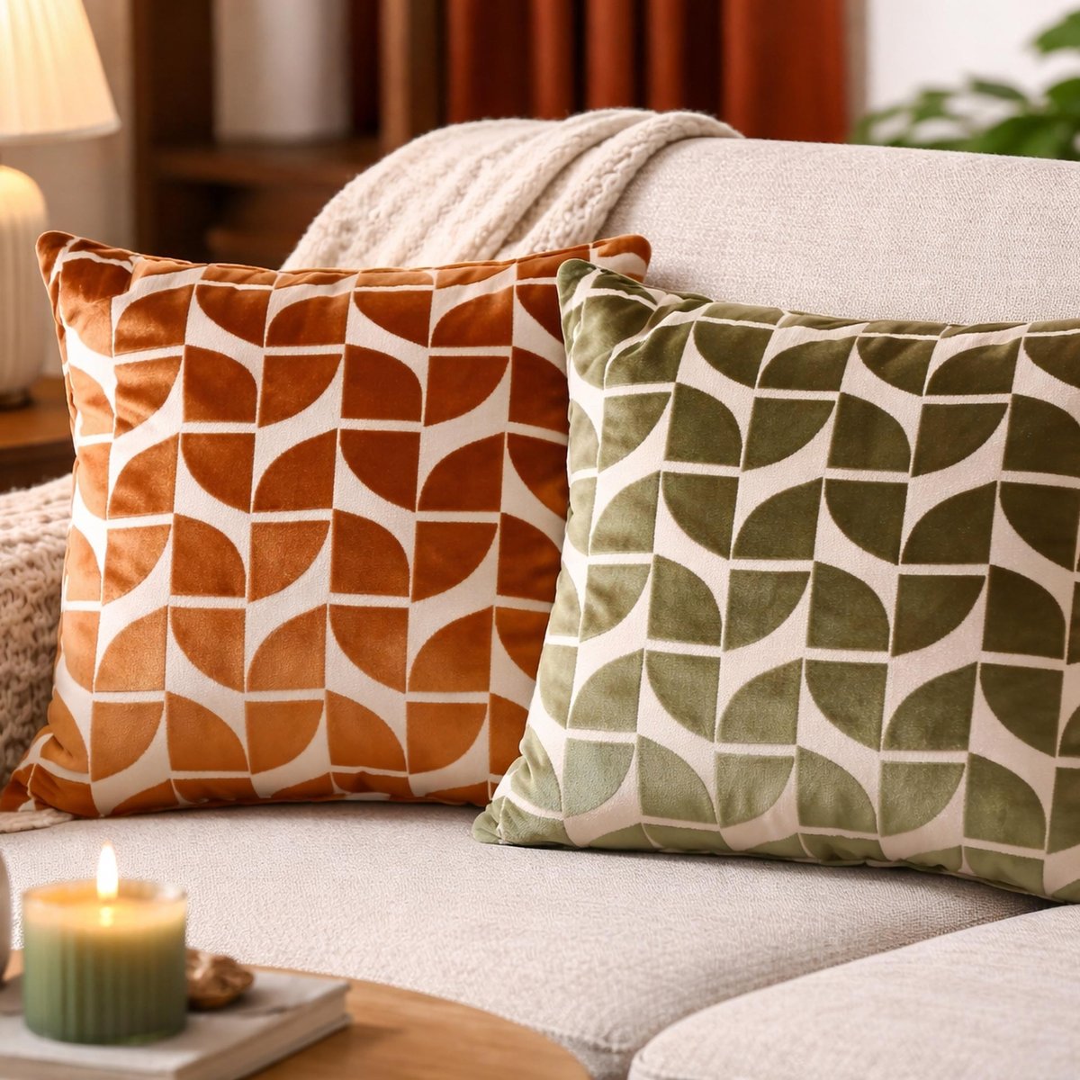 Coussin décoratif carré en velours dévoré à motif géométrique orange, DOUCEUR D'INTÉRIEUR