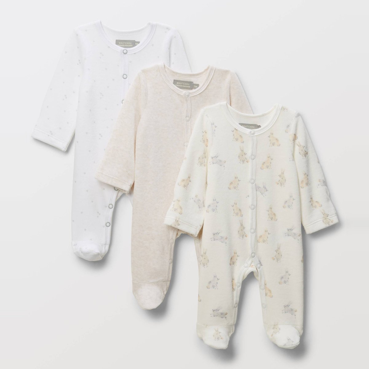 Lot de 3 dors-biens en velours en coton BIO GOTS ecru, BOUT'CHOU