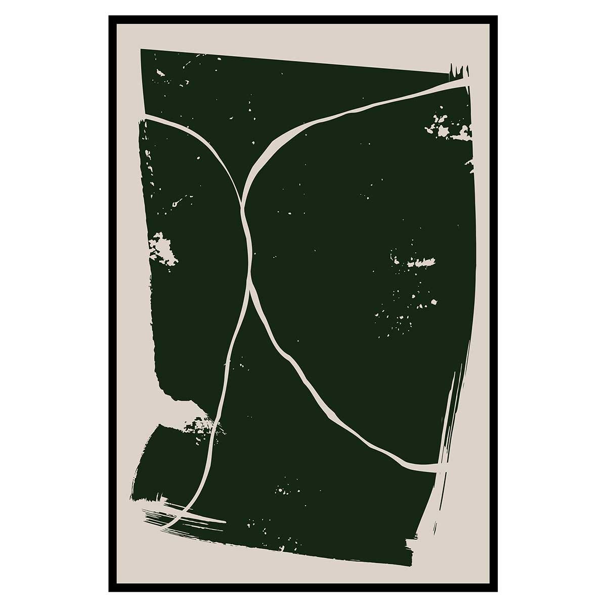 Affiche abstraite vert foncé lignes organiques minimalistes affiche + cadre en métal - noir, HEXOA