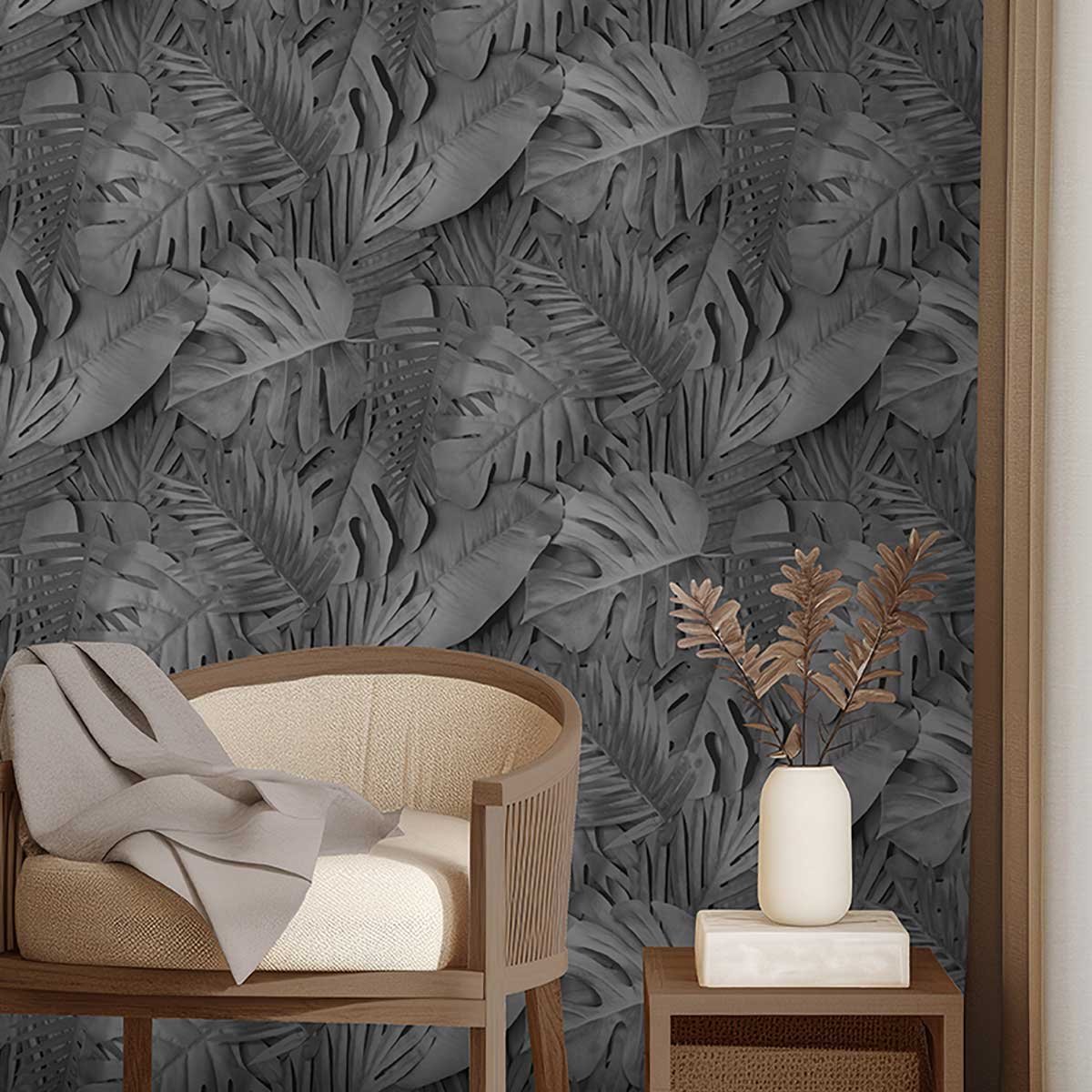 Papier peint feuillage tropical noir et blanc noir, HEXOA