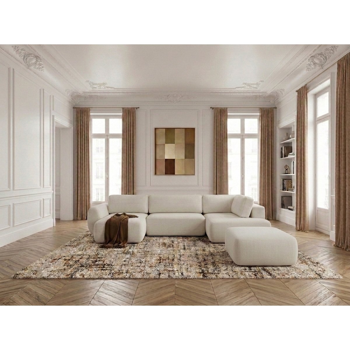 Canapé panoramique convertible 6 places en tissu texturé avec pouf, DENISE blanc, BOBOCHIC