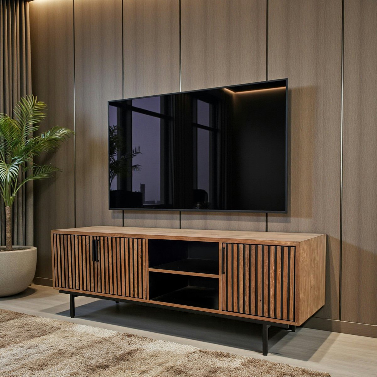 Meuble TV 3 portes 2 niches teck recyclé FANO bois naturel, PIER IMPORT