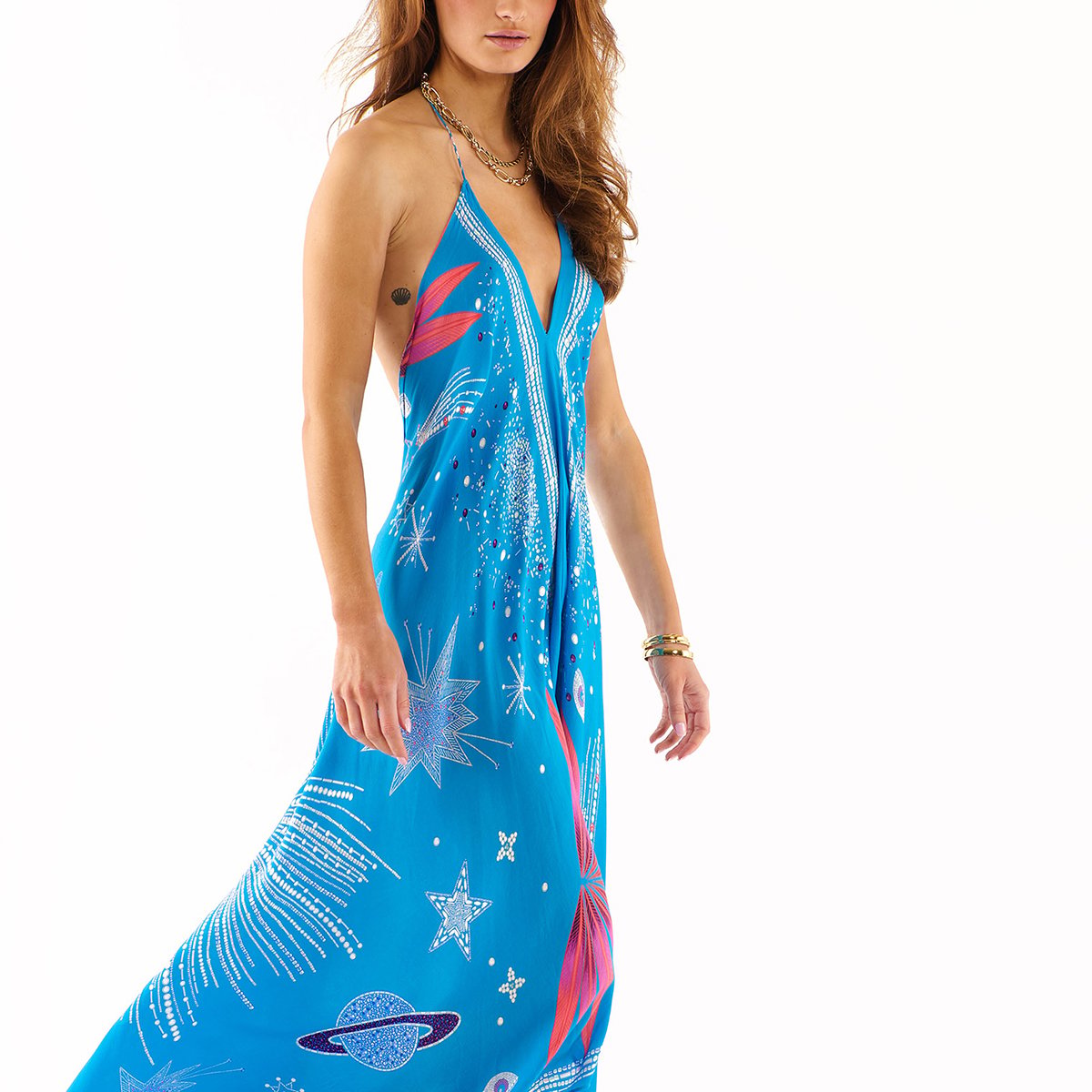 Robe de plage dos nu longue imprimé VOILA COMETE bleu, WILD