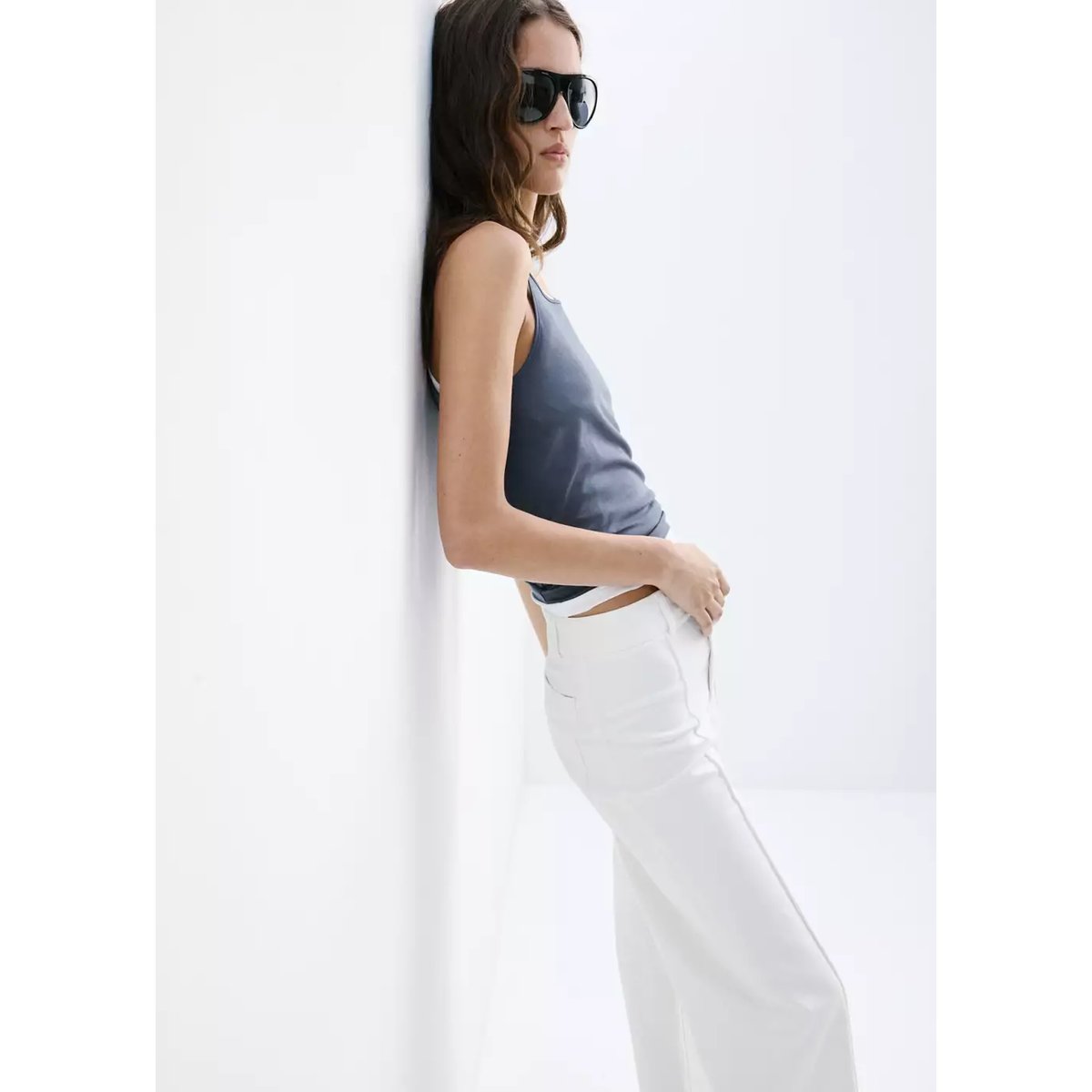 Jean large taille haute blanc, MANGO
