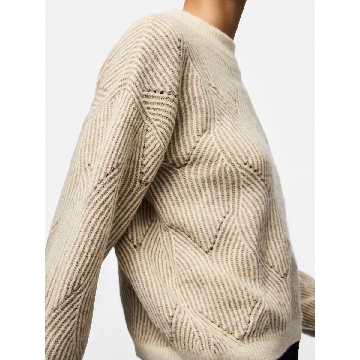 Pull scollo rotondo, maniche a palloncino ecru/beige, PIECES