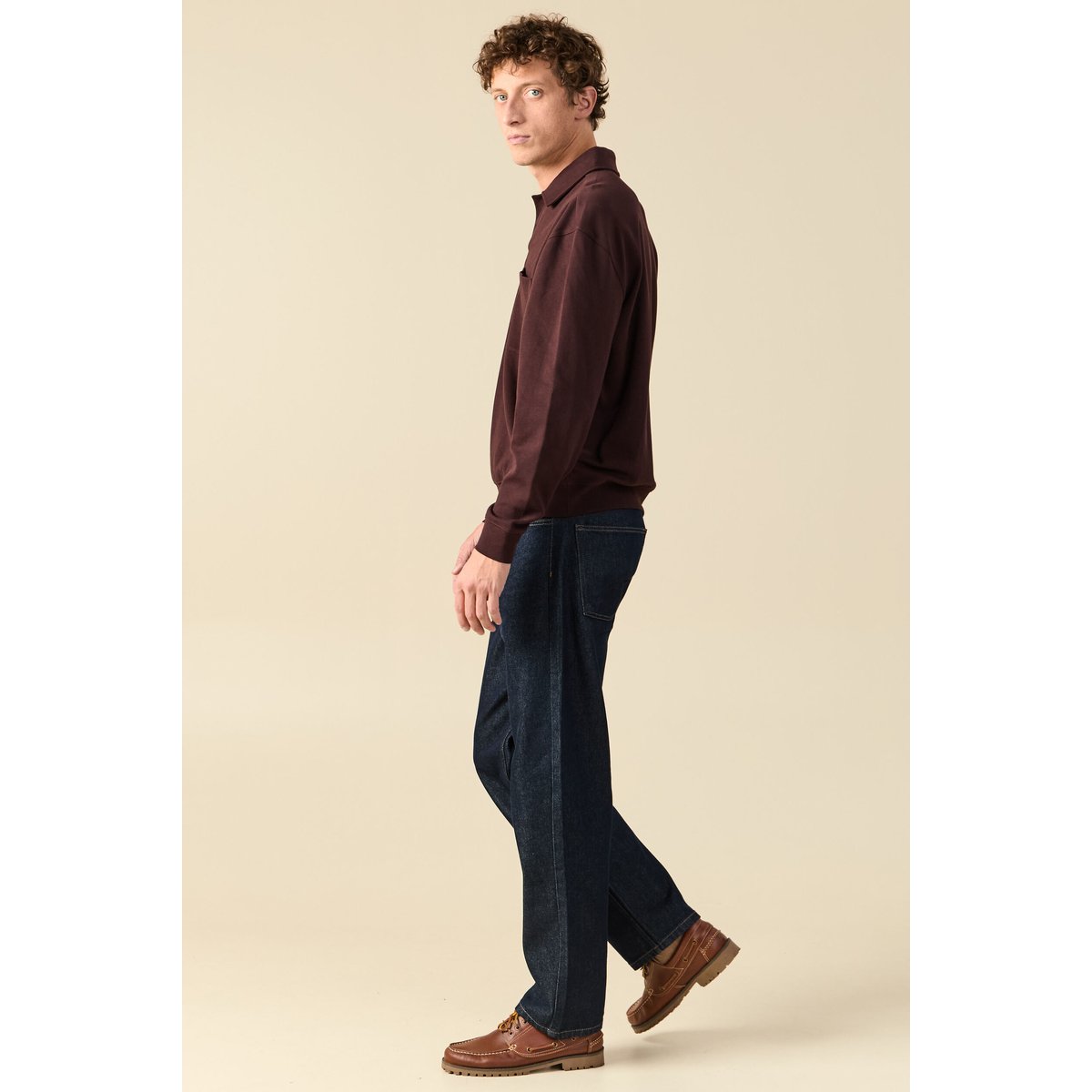 Polo ample manches longues col polo marron foncé, BONOBO