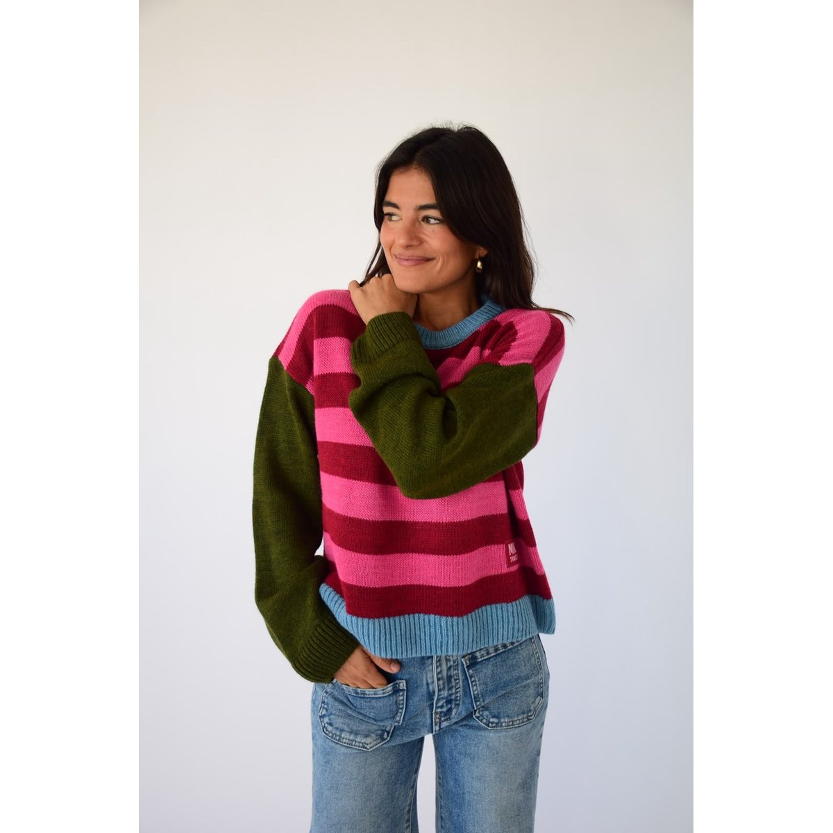 Pull rayé manches contrastées ABRIL rose / bordeaux, MINDTRAVELER