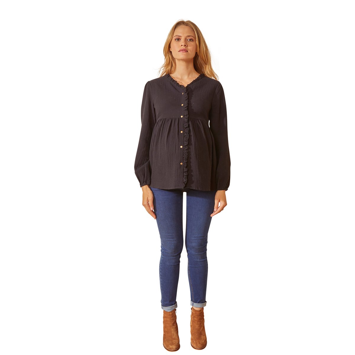 Blouse gaze de coton de grossesse et d'allaitement noir, VERTBAUDET