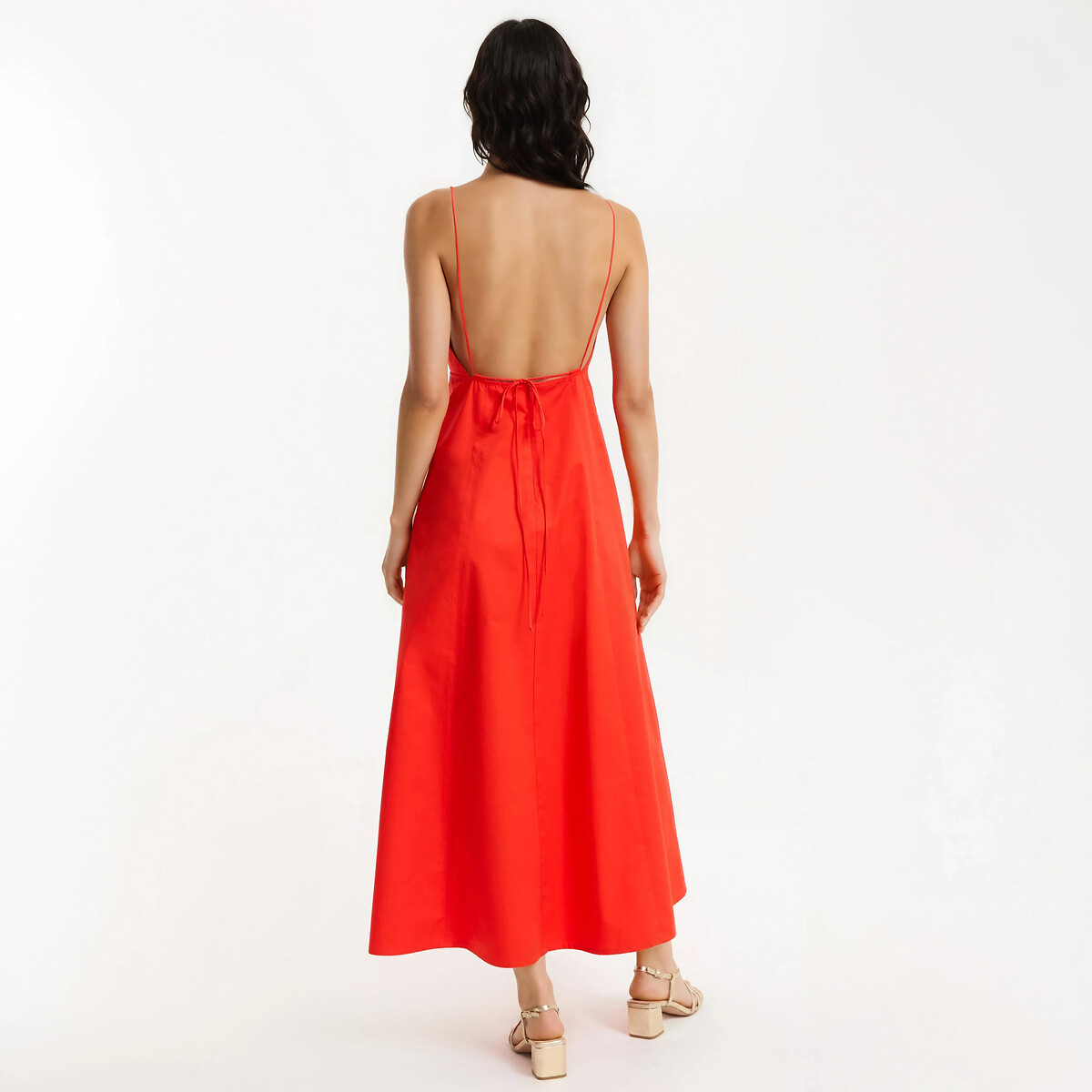 Robe longue à fines bretelles col V rouge orangé, LA REDOUTE COLLECTIONS