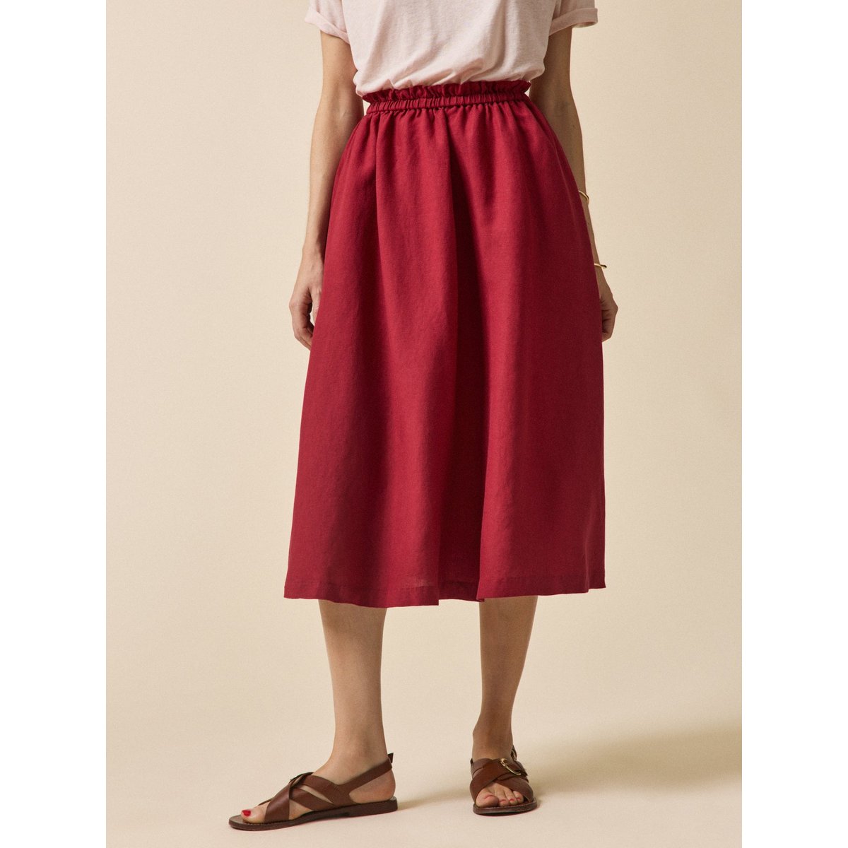 Jupe mi-longue lin et viscose carmin, CYRILLUS