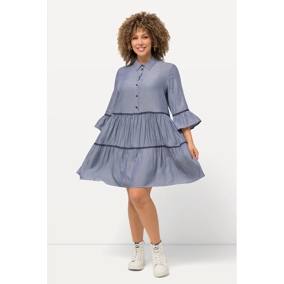 Robe, bandes brodées, coupe évasée bleu foncé, ULLA POPKEN
