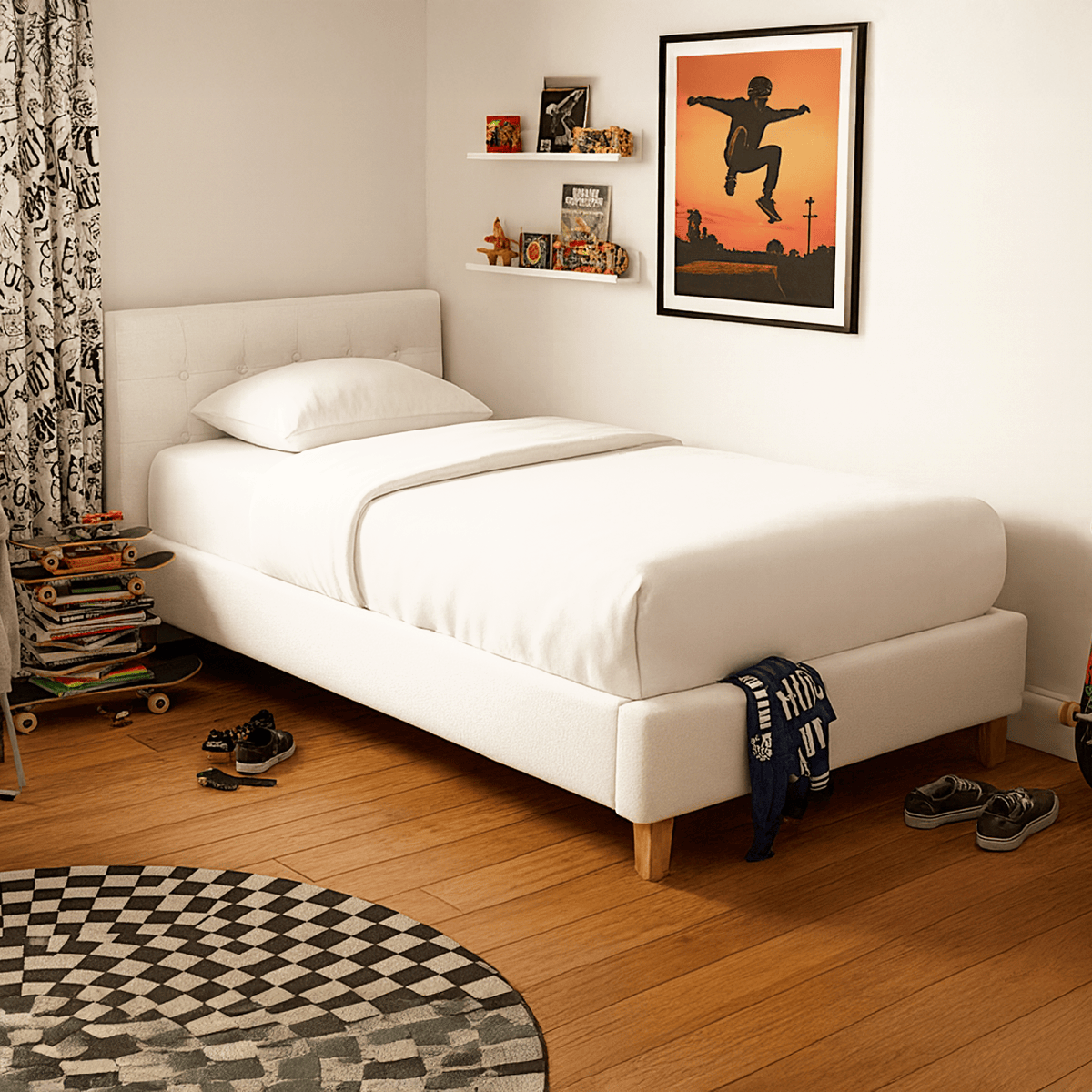 Lit avec tête de lit en tissu - MILO beige, HOMIFAB