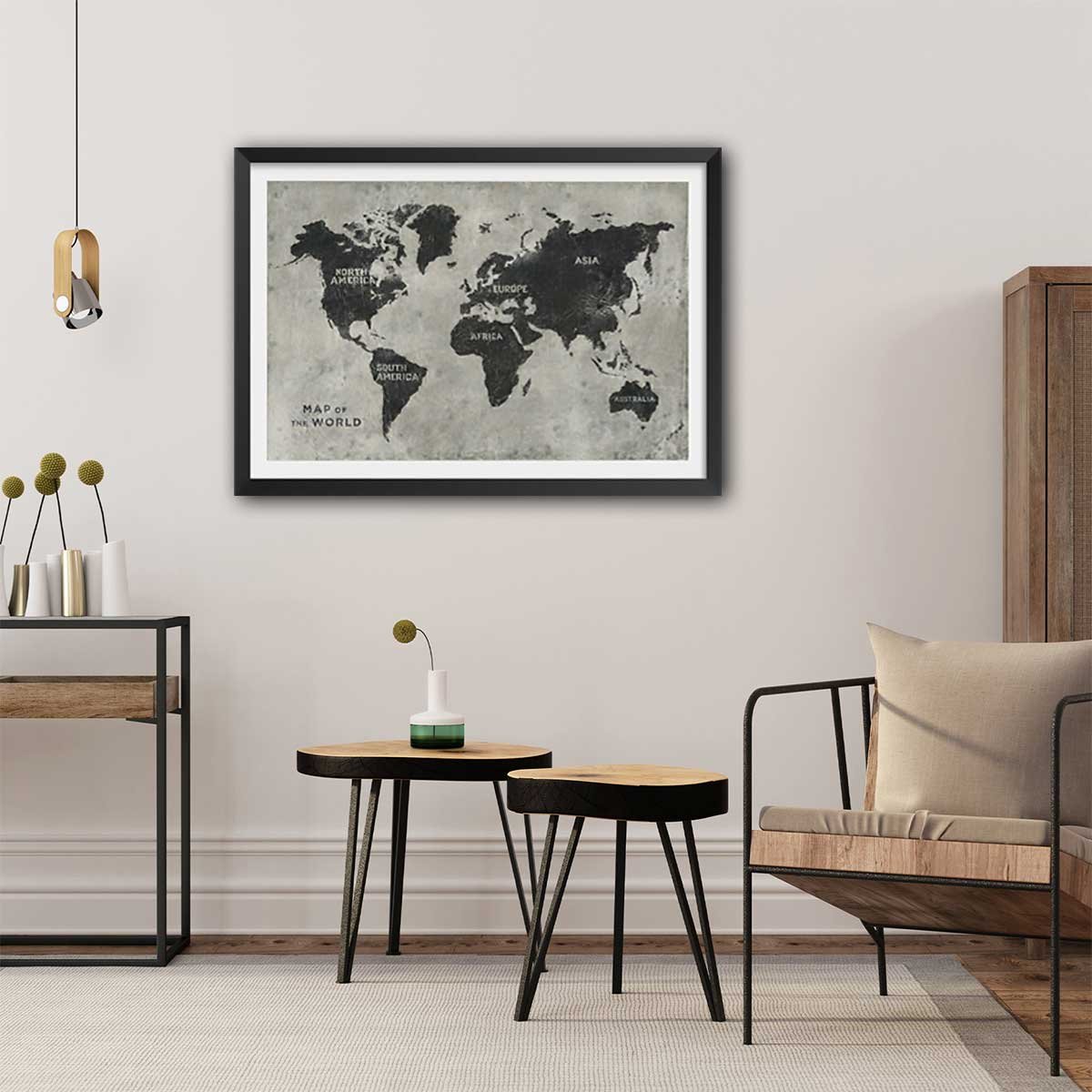 Affiche Carte du monde punky affiche + cadre en bois - noir, HEXOA