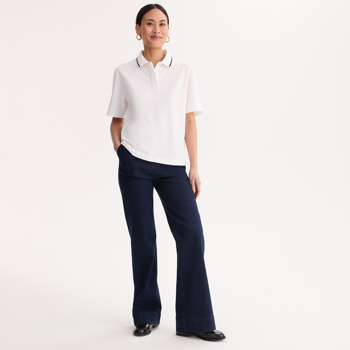 Polo manches courtes en piqué de coton blanc, ANNE WEYBURN