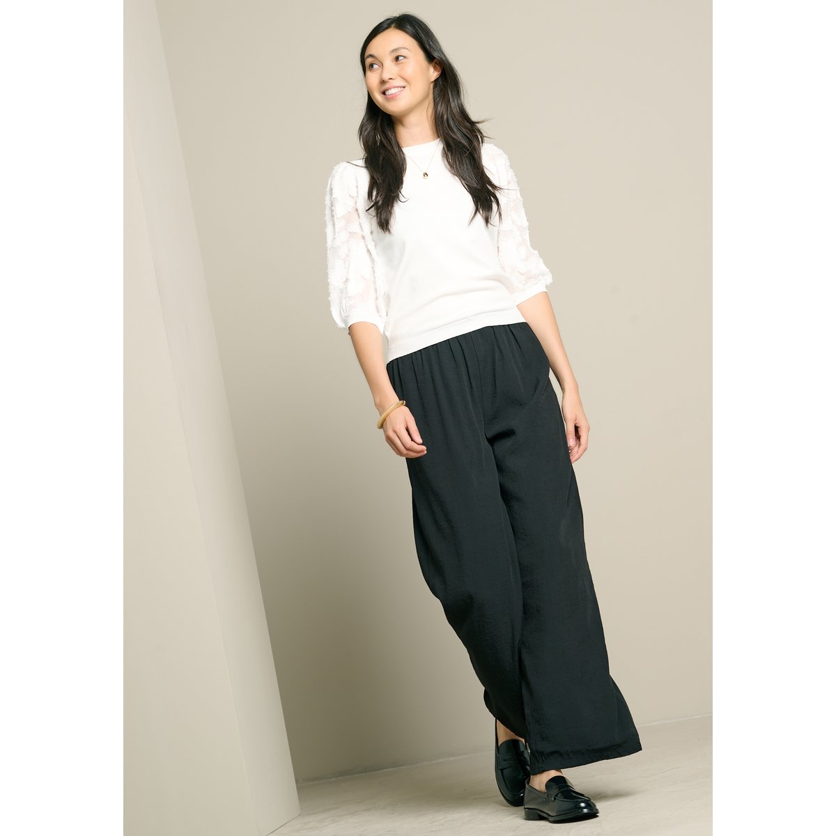 Pantalon large effet lin noir, LOLALIZA
