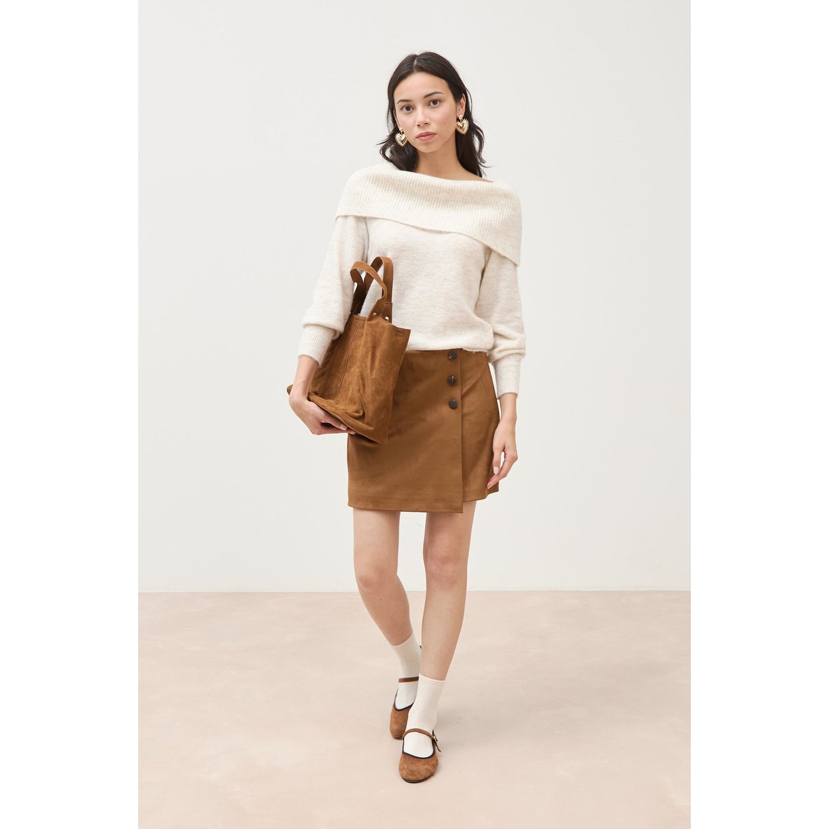 Pull droit manches longues bardot ecru, BONOBO