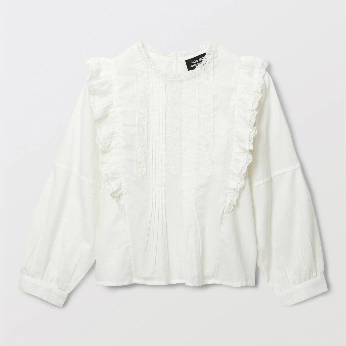 Blouse unie détail dentelle en coton ecru, MONOPRIX