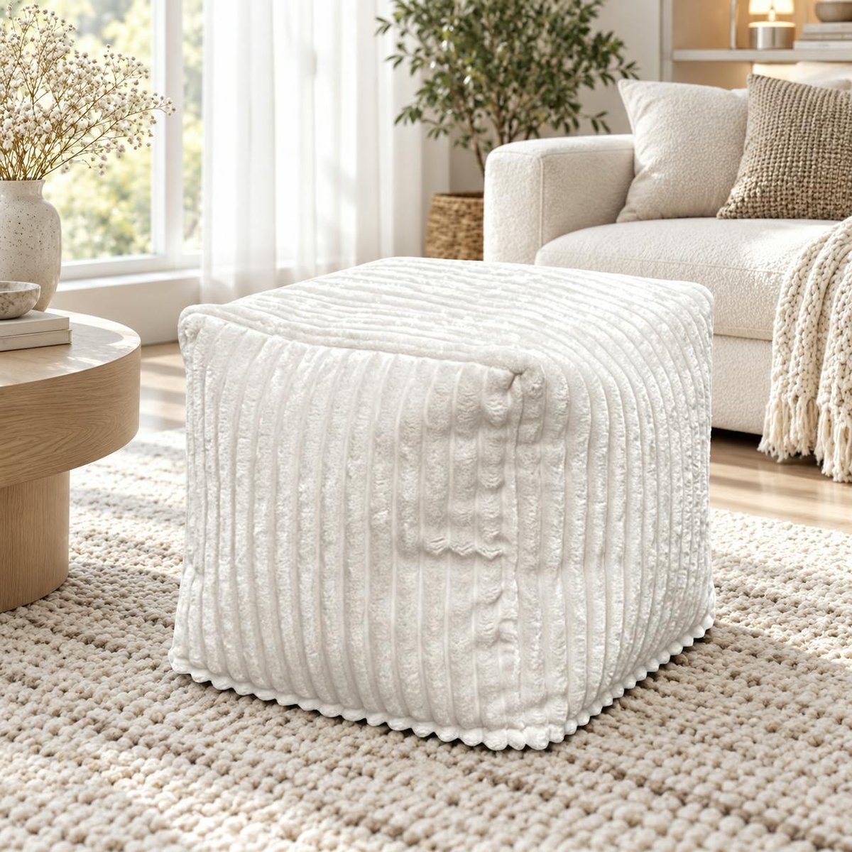 Pouf carré velours grosses côtes blanc VISBY blanc, PIER IMPORT