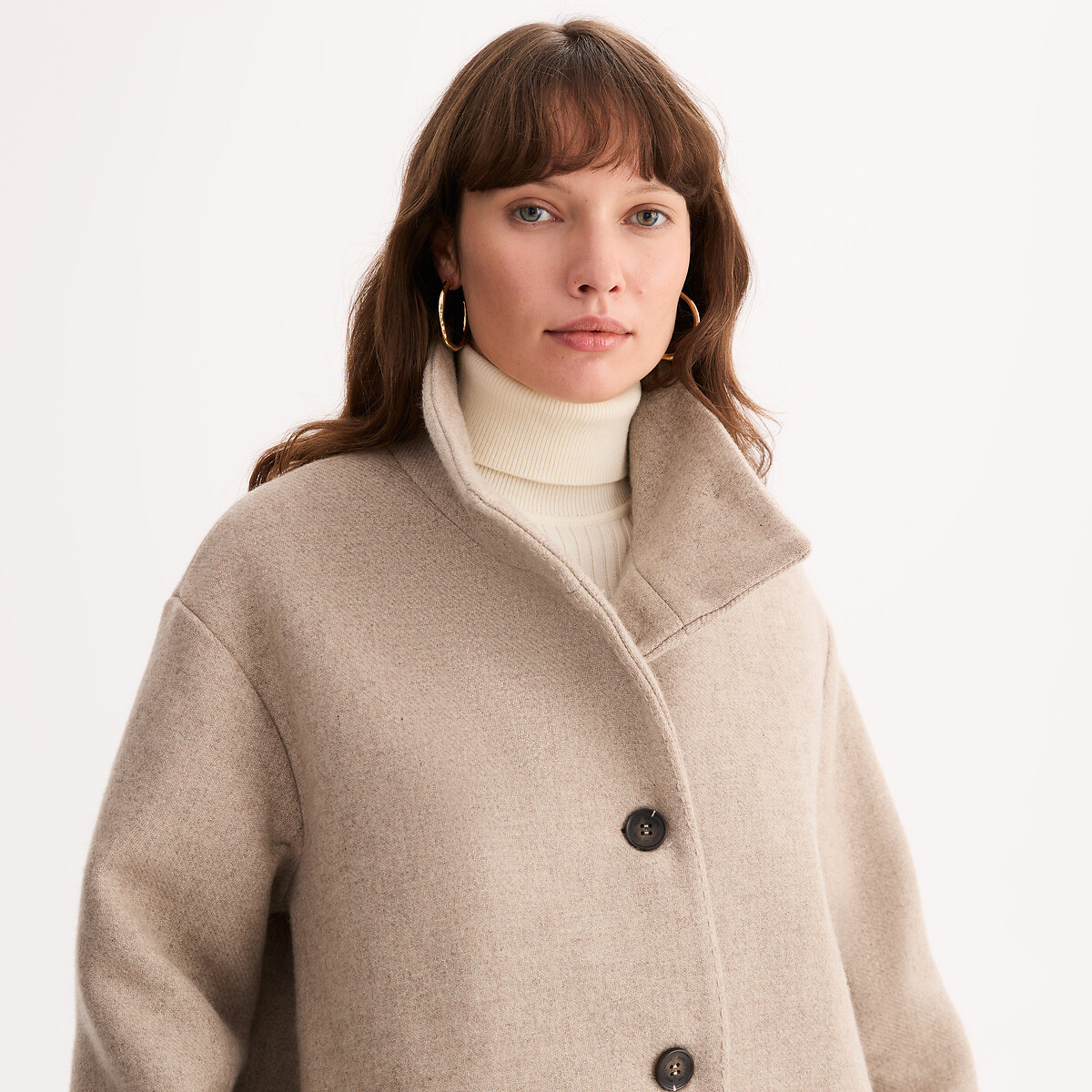 Manteau long, col montant, fermeture boutonnée beige chiné, ANNE WEYBURN