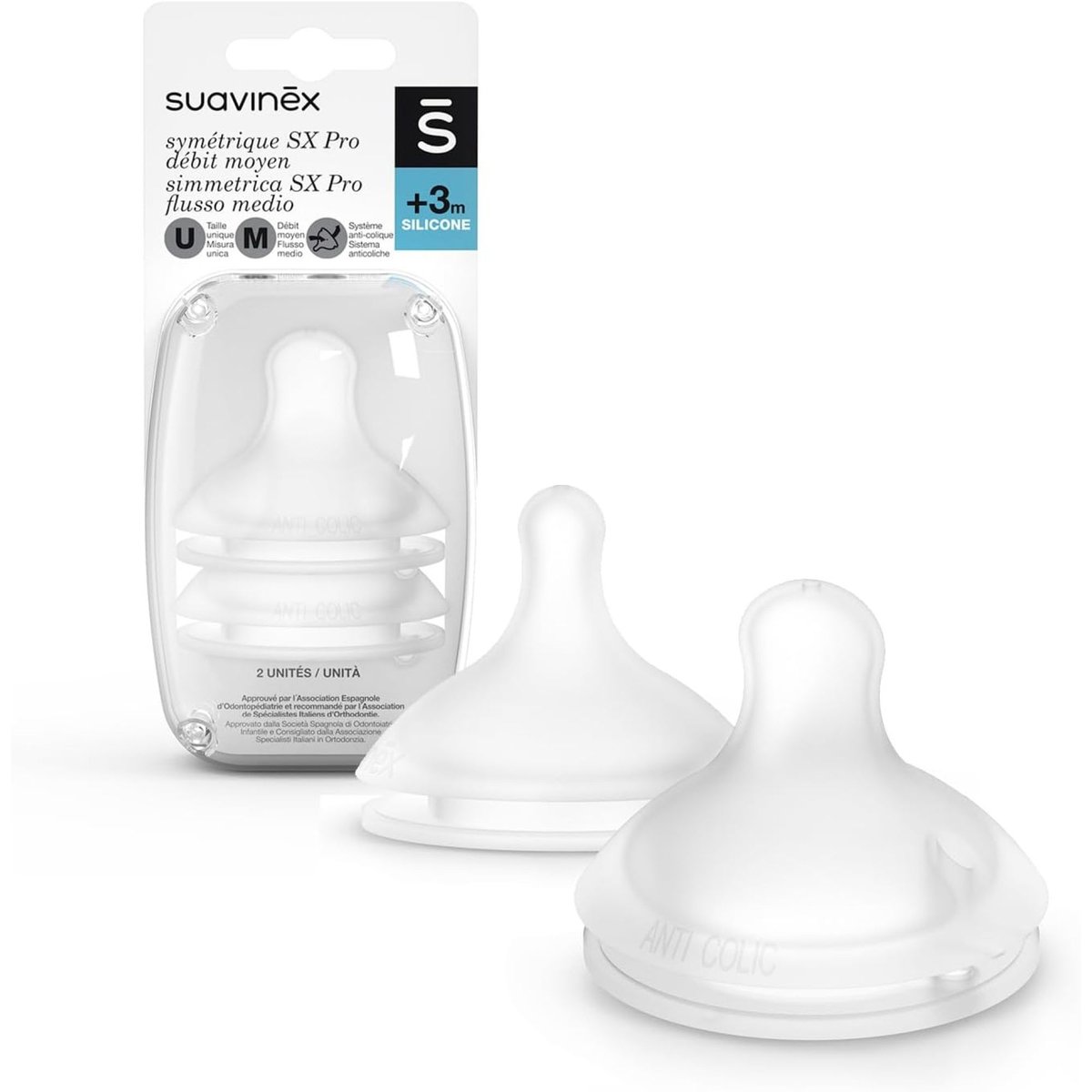 Lot de 2 tétines symétriques débit moyen SX PRO transparent, SUAVINEX