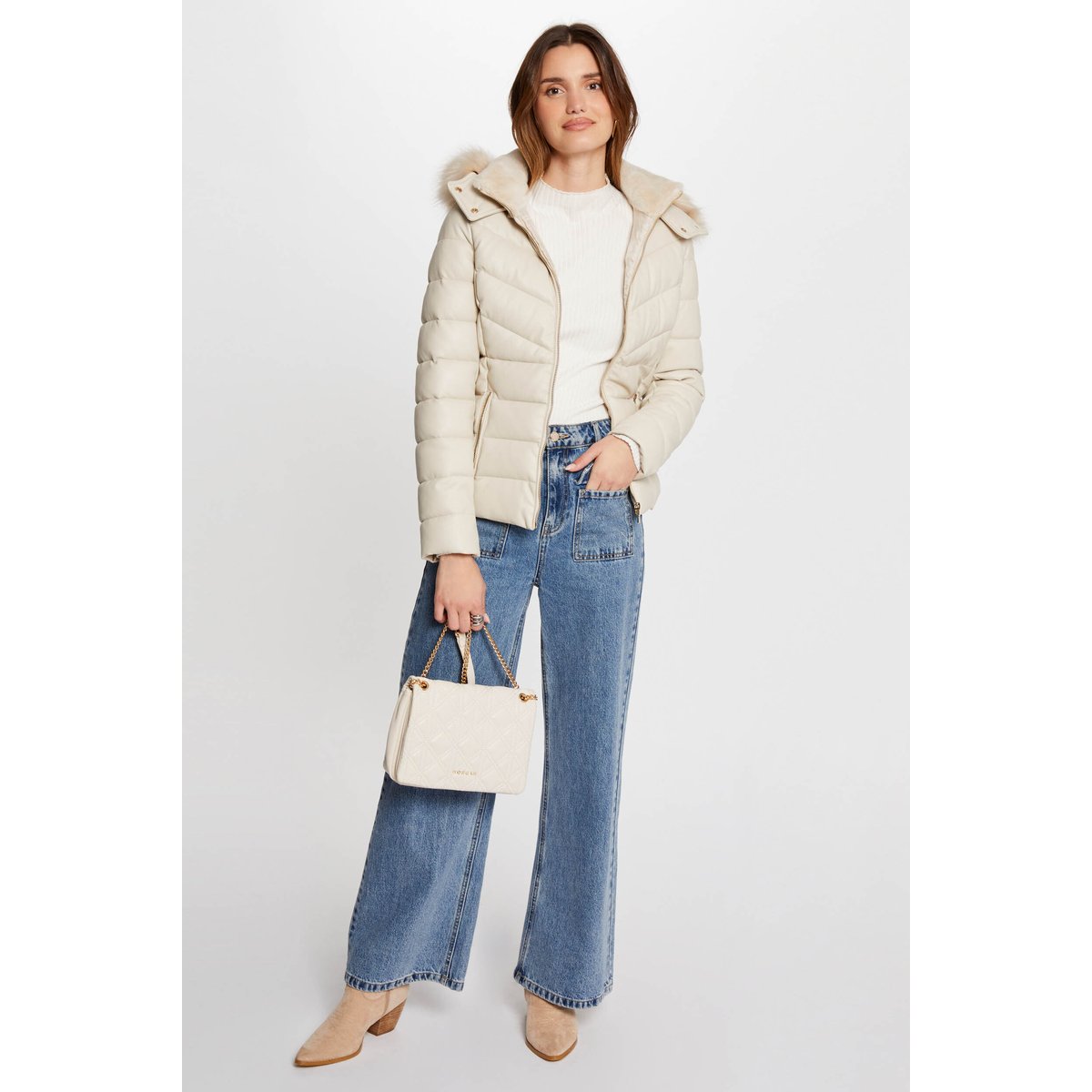 Doudoune simili cuir capuche ivoire, MORGAN