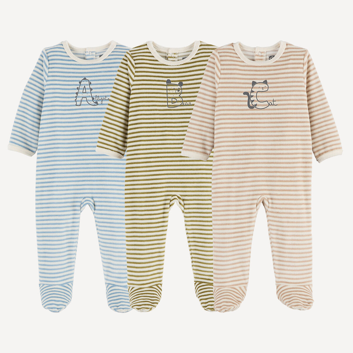 Lote de 3 pijamas de terciopelo de una sola pieza, de rayas, con texto estampado en el pecho verde + azul + beige, LA REDOUTE COLLECTIONS