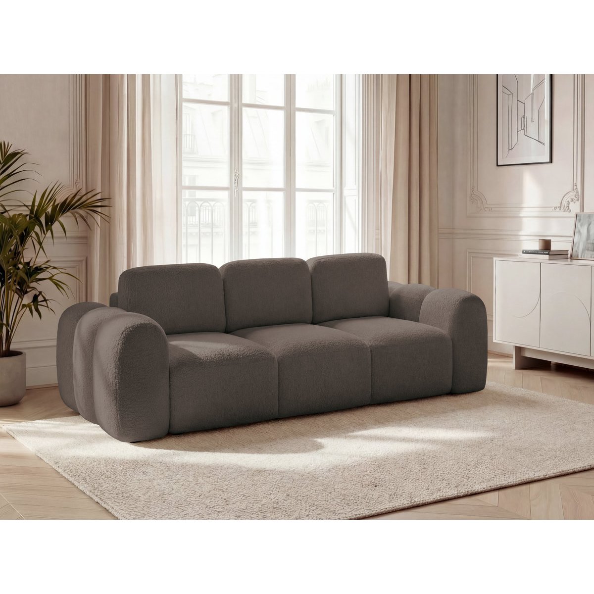 Canapé droit convertible 3 places en tissu bouclette, MONTAIGNE marron, BOBOCHIC
